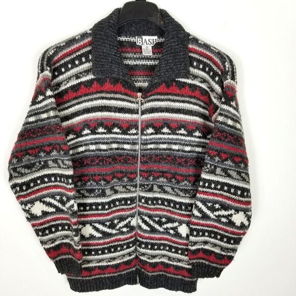 VTG Bash Wool Blend Zip Up Sweater Cardigan Aztec Sz M Chunky Knit Y2K Red White - Picture 1 of 6